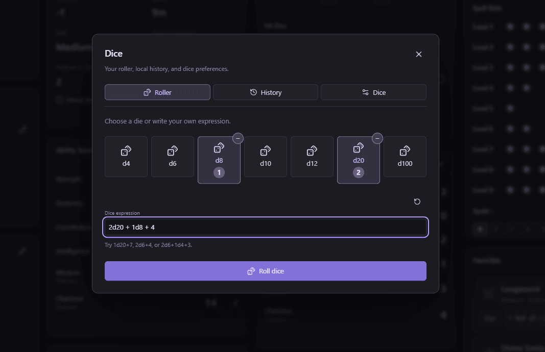 Sigil's integrated dice roller with die selection, a custom 2d20 + 1d8 + 4 expression and the Roll dice button.